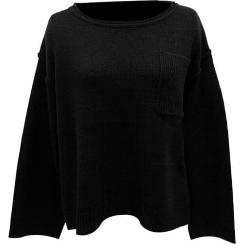Women Casual Round Neck Drop-Shoulder Sleeve Loose Sweater Tops New fashion round neck pocket loose casual womens sweater