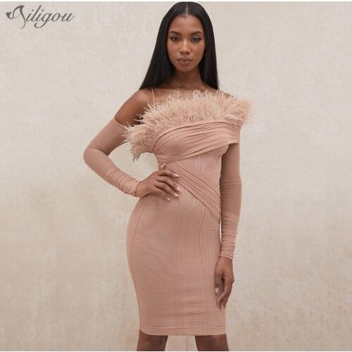 Ailigou New Summer Long Sleeve Off Shoulder Bodycon Bandage Dress Women Sexy Feather Club Midi Celebrity Party Dress Vestidos