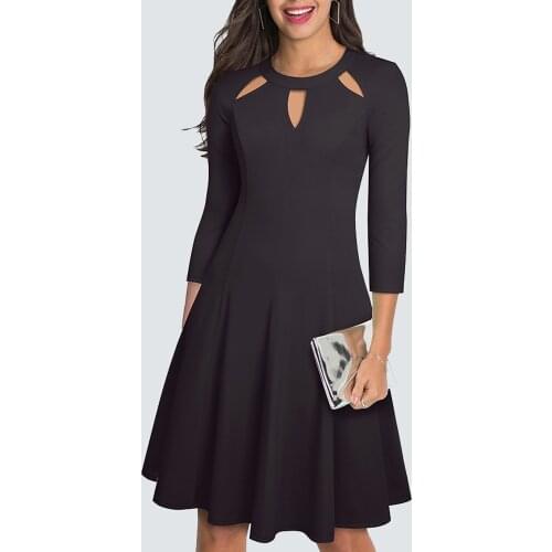 Women Solid Color Vintage Party Swing Sexy Hollow Chic Casual A line Elegant Dress HA189