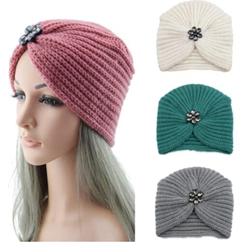 Bohemian style winter woolen hat flower drill belt drill knitted hat European and American style women turbans
