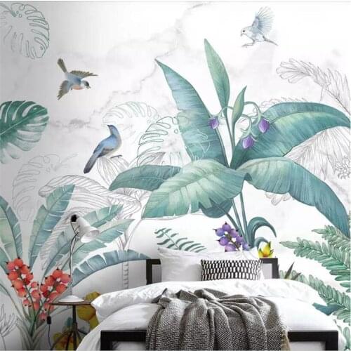 Beibehang Custom wallpaper Nordic hand-painted small fresh tropical plants flowers and birds TV sofa background 3d wallpaper