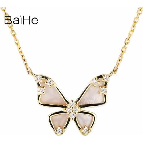 BAIHE Solid 18K Yellow Gold 0.07CT Certified Butterfly shell Natural Diamonds Engagement Women Fine Jewelry Butterfly Necklaces