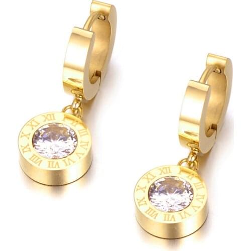 Classic Round Roma Number Titanium Steel Hopp Earrings Charming CZ Crystal Wedding Earrings Jewelry For Women E18041