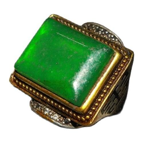 Chinese Old Craft Made Old Tibetan Silver Inlaid Green Jade Silver Ring