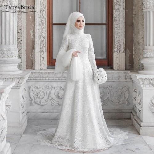 Long sleeve Lace Wedding Dresses High Collar Muslim Bridal Gowns Zipper Back A Line Abiti da sposa Noivas DW412
