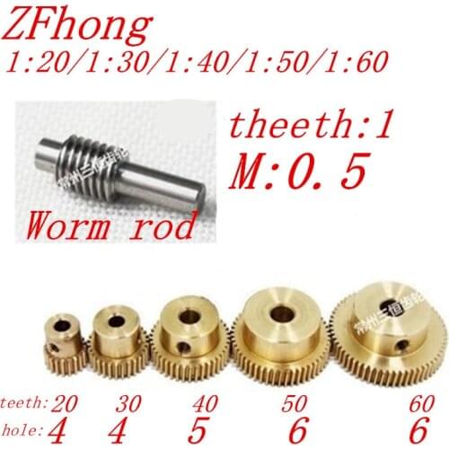0.5M Brass worm gear 1:20 1:30 1:40 1:50 1:60 Electric Motors brass Worm Gear with stainless steel worm Rod Set