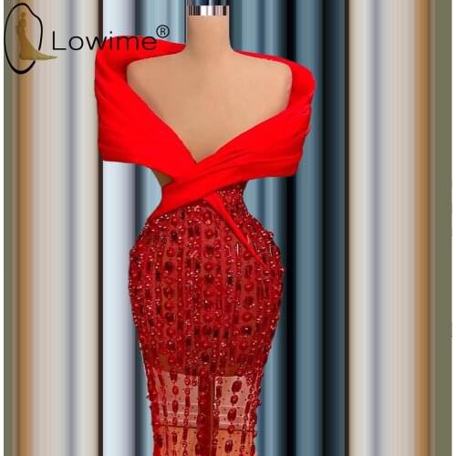 Lowime Sexy Red Illusion Mermaid Evening Dresses 2021 Off Shoulder Luxury Beading Prom Party Gowns Custom Made Formal Vestidos