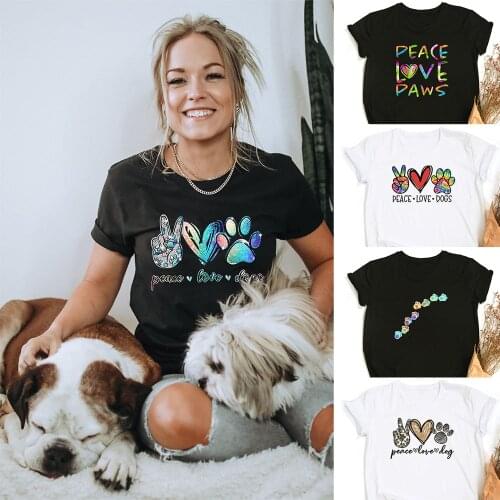 Fashion Peace Love Dogs Paws Women Graphic Tee Aesthetic Harajuku T Shirts Funny Casual Female Dog Mom Tops Camisetas Mujer