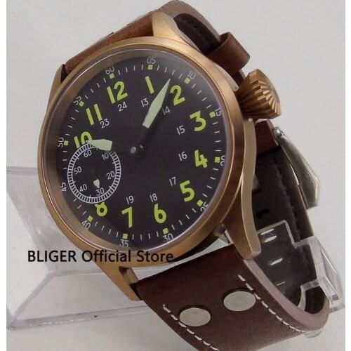 Vintage 44mm Black Sterile Dial Luminous Marks Sapphire Crystal Bronze Coated Case 6497 Hand Winding Movement Mens Watch C5A