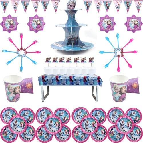 61pcs Disney frozen Anna Party Supplie Disposable tableware girl Birthday anniversaire party girl Elsa birthday paper cake plate