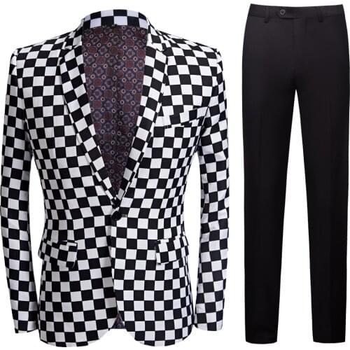 Mens Square Black And White Grid Printed Suit Men Slim Fit Suit Set Blazers Singer Costume Casual Night Party Bar Suit