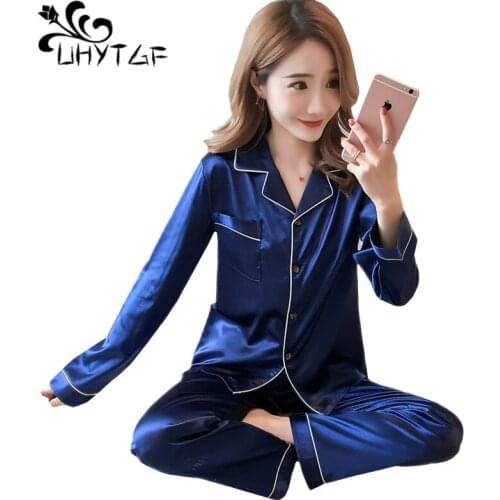 UHYTGF pajamas for women Solid color sexy spring autumn two-piece sleepwear Female Ice silk thin set nightclothes Homewear 1142