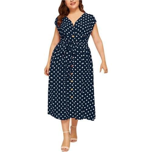 Womens 4XL Dress Girls Plus Size Clothes Fashion Summer V-neck Sexy Big Size Short Sleeve Bohemian Dress Large Size Dot Dresses