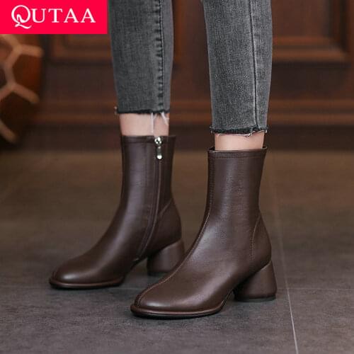 QUTAA 2022 Square Med Heel Genuine Leather Women Shoes Autumn Winter Round Toe Fashion Platform Ankle Boots Size 34-40