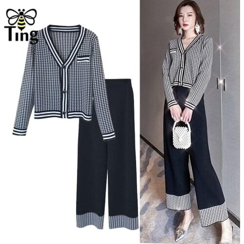 Tingfly Spring Autumn Knitting Womens Sets Single Breasted Sweater Cardigans + Casual Trousers Pants Women 2 pcs Set Streetwear