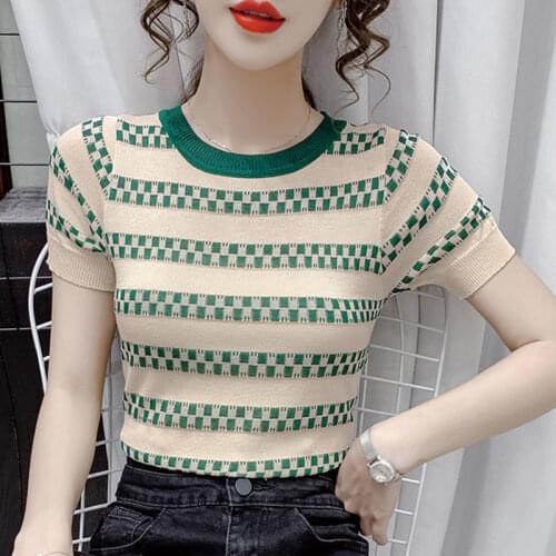 Short-sleeved t-shirt womens striped thin knit sweater 2021 summer new loose and thin bottoming t-shirt women