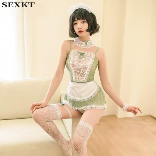 Woman sexy lingerie Exotic sexy cosplay see-through lace suspenders green maid dress nightdress uniform suit Sexy party clothes