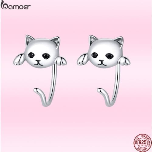Bamoer Genuine 925 Sterling Silver Minimalist Cute Tail Stud Earrings for Women Animal Fashion Jewelry Orecchini GXE965