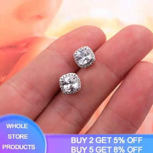 With Certificate Silver 925 Earrings Fashion Square Shiny Cubic Zircon Double Stud Earrings For Women Christmas Gift HDE001