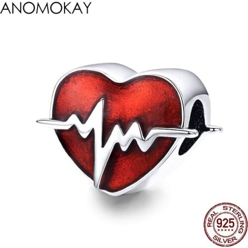 Anomokay 100% Sterling 925 Silver Red Enamel ECG Charms Compatible Snakle Bracelet Bangles S925 Silver Heart Heartbeat Beads