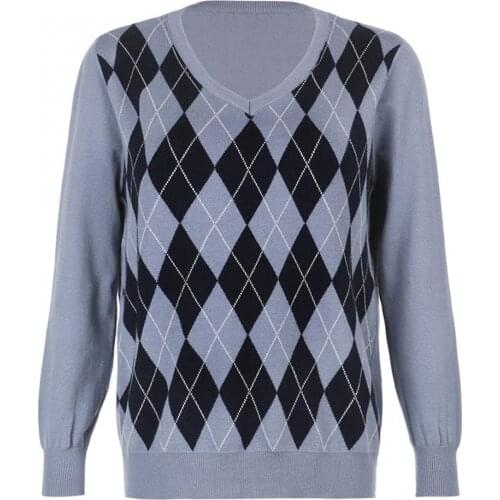 Fashion Pullover Sweater Women Autumn Winter Fashion Elegant Long Sleeve V Neck Argyle Plaid Jumper Knit Sweater
