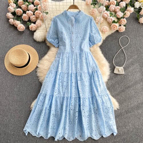 SINGREINY Women Hollow Korean Dress Puff Sleeve O Neck Casual Loose A-line Dresses 2021 Summer Bohemian Vacation Long Sundress