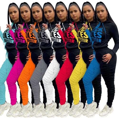 46NK184 Autumn Winter Women Casual Fashion Patchwork Letter Print with Hood Sports Two Piece Set Tracksuit Sweatsuit Outfits