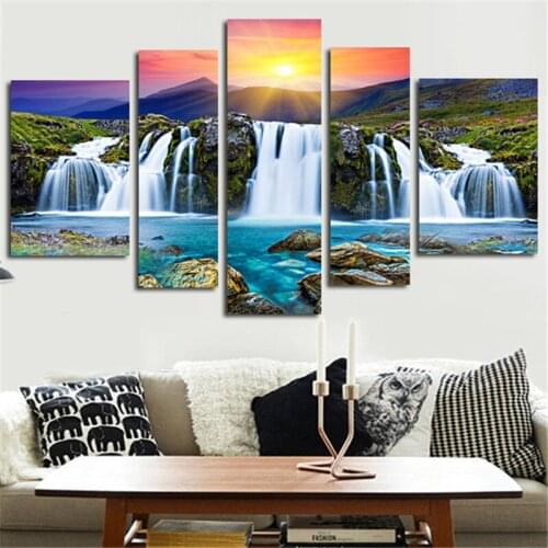5 Panel Canvas Wall Art Waterfall Sunrise Landscape Painting Decorative Home Background Scenery Wall Pictures In High Quality
