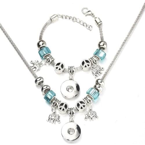 6 Colors Snap Button Elephant Necklace Bracelet Set Bead Pendant Hollow Chain Beaded Bracelet Fit 18mm Snap Jewelry
