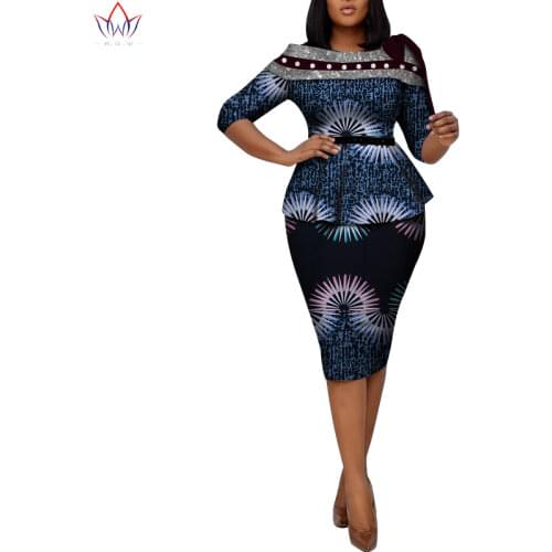 African Clothes for Women 2 Pieces Sets 3/4 Sleeve Tops and Skirts Sets Floral Print Suits Match Pearl Dashiki Clothing WY8862