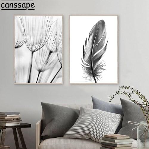 Black And White Landscape Poster Dandelion Canvas Painting Feather Birds Print Posters Nordic Wall Pictures Living Room Decor