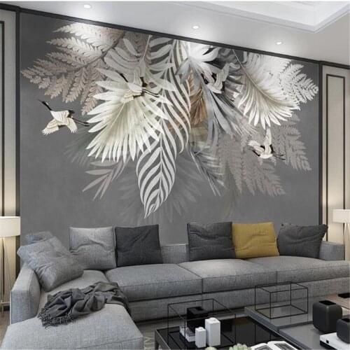 Milofi custom 3D photo non-woven mural decoration hand-painted Nordic plant leaves crane art TV background wall mural