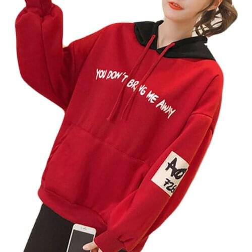 Korean Fashion Stitching Letter Print Loose Hoodies Women Winter Japanese Lolita Style Thicken Black Red Sweatshirt Schoolgirl