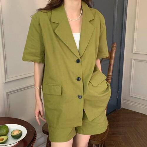 Korean Chic Retro Suit Collar Three-Button Cardigan Jacket + High Waist Wide-Leg Slacks Shorts Two-Piece Female
