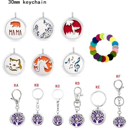 Fashion 30mm keyring Aromatherapy Essential Oil diffuser Locket Pendant key chain diffuser locket pendant Gift 5pcs free pads