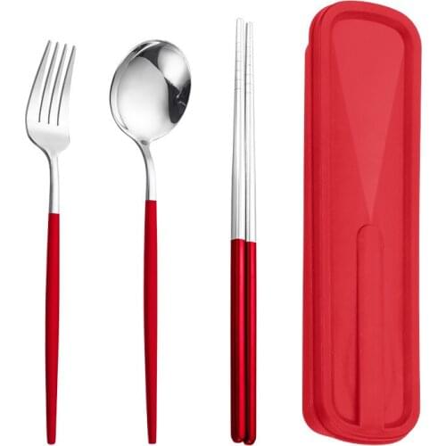 3Pcs Dinnerware Set with Box Stainless Steel Silver Fork Chopsticks Spoon Portable Travel Tableware Kitchen Utensils Suit
