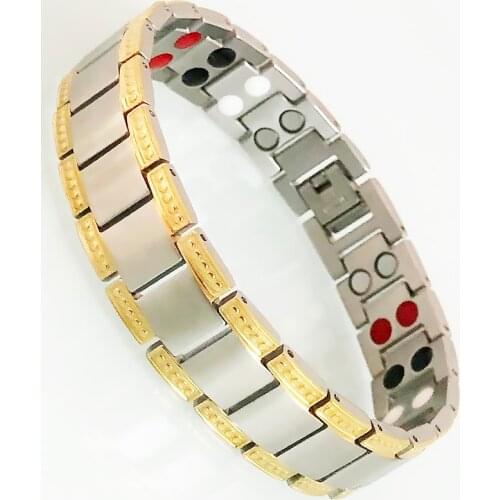 Mens Matte Gold Plated Stainless Steel Hand Bracelet Ladies Health Benefit 4 In 1 Therapy Magnetic Wristband Homme Armband Gitt