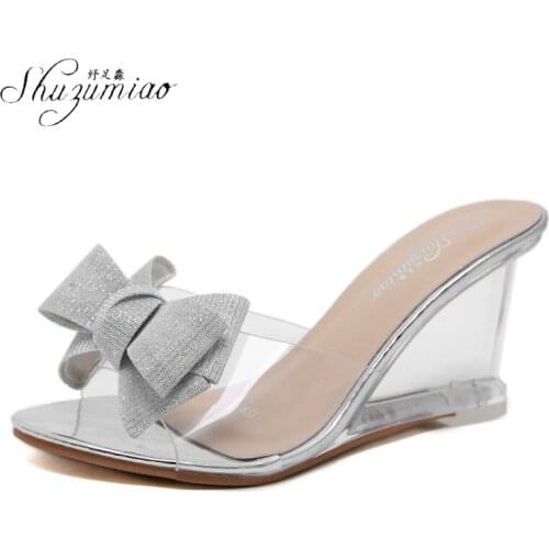 SHUZUMIAO Transparent PVC Slippers Crystal high-heeled Sexy Casual Shoes Plus Size 34-43 Women Open Toe Transparent Slippers