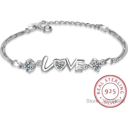 Heart Love Round Cubic Zirconia Double layer box Chain Bracelet Real 925 Sterling Silver Fine Jewelry For Women Party Gift