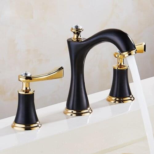 Basin Faucets Polished Black and Golden Brass Modern Bathroom Sink Faucet Double Cross Handle 3 Hole Bathbasin Counter Mixer Tap