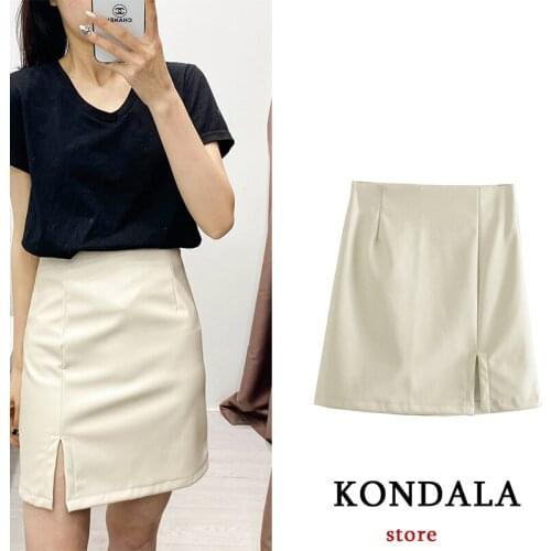 KONDALA Za 2021 Womens Skirt Vintage White PU Leather Skirt High Waist Undefined Drapped Female Office Wear Mujer Falda corta