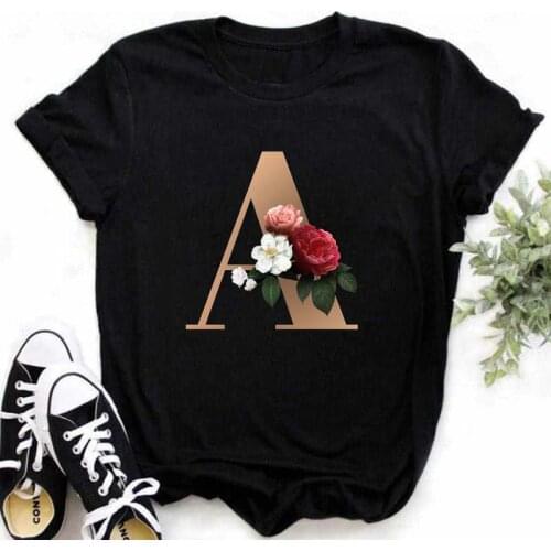 Vogue 26 Alphabet Letter Women T-shirt Girl A To Z Alphabet Combination Flowers Short Sleeve Casual Korean Style Tops Tees