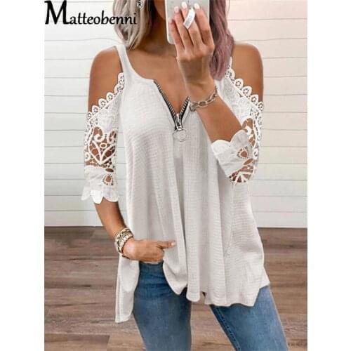 Sexy Summer Half Sleeve Lace Shirt Women Casual Zipper V Neck Loose T Shirt Plus Size Hollow Out Sling Elegant Pullover Tops