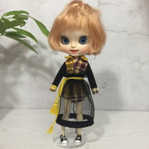 T02-X368 gift girl Blyth Doll clothes 30cm 1/6 dolls Azone Accessories clothes Yellow plaid shirt dress 2pcs/set