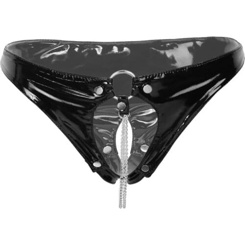 Women Sexy Opening Crotch Leather Shorts For Sex Erotic Porn Below Crotchless Underwear With Chain Glossy Latex Mini Hot Pants