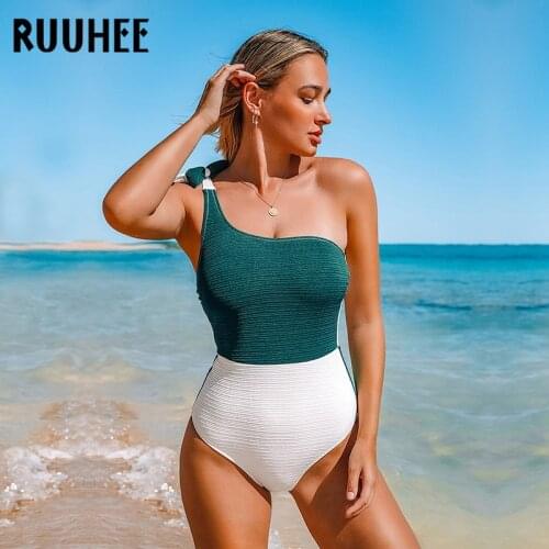 RUUHEE One Piece Swimsuit Women One Shoulder Bikini Solid Padded Push Up Bikini Bathing Suit Women Swimwear Biquini Female