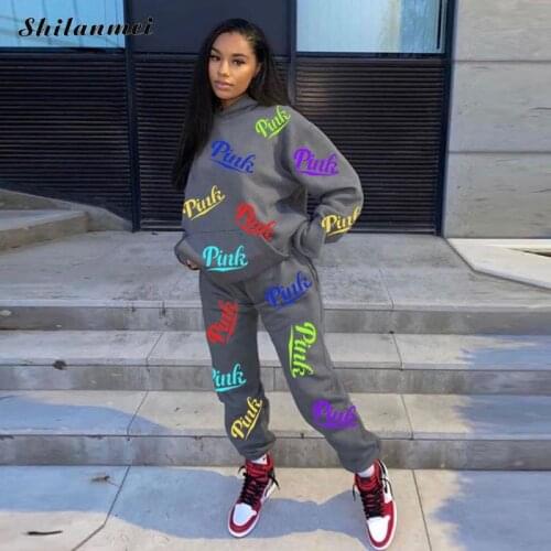 2021 Street Sporty Two Piece Set Women Hoody Long Sleeve Top And Pants Suit Pink Letter Print Spring Fall Outfits Tracksuit set