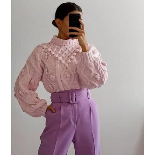 Ardm Za 2020 Women Fashion With Pompoms Loose Knitted Sweater Vintage High Neck Pink Winter Twist Pull Female Pullovers Chic Top