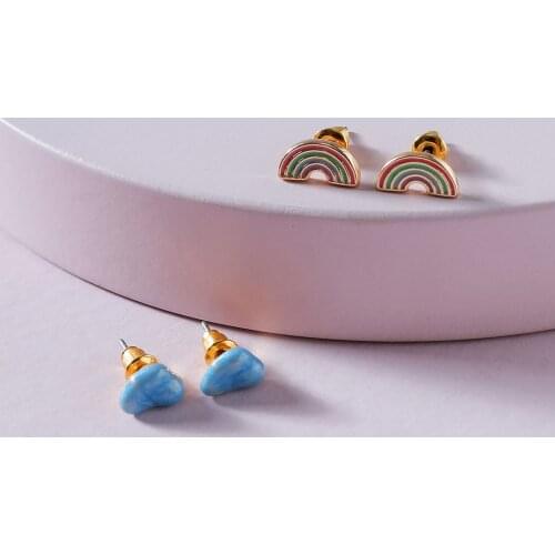 2021 Korean Ear Jewelry Enamel Small Size Clouds And Rainbow Stud Earrings Set For Women