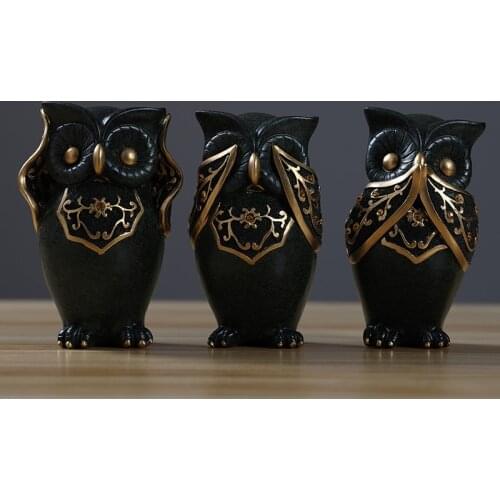 3PCS/SET AMERICAN THREE NO OWL ART SCULPTURE LUCKY OWL ANIMAL FIGURINE RESIN CRAFTS OFFICE DECORATIONS FOR HOME R3735